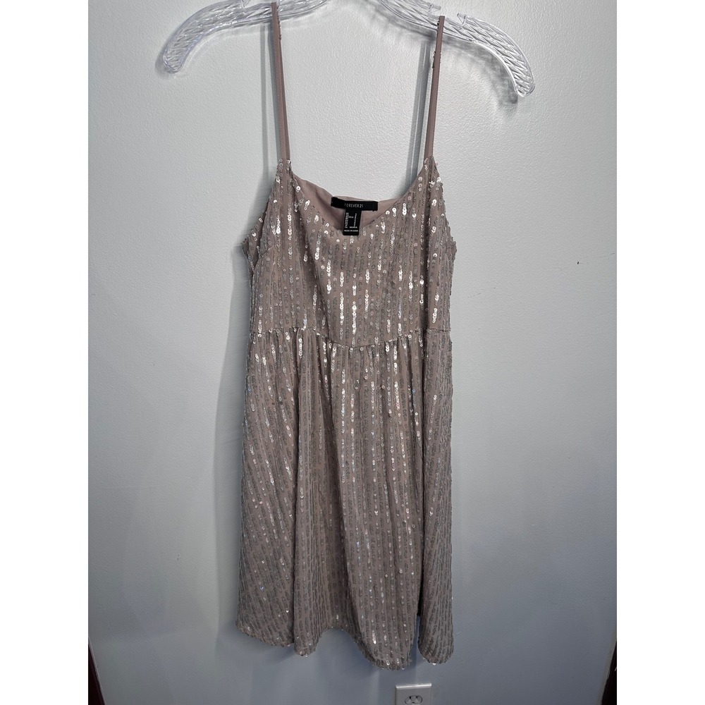 Forever 21 Women Taupe Silver Sequin Babydoll Mini Dress Small Sparkly